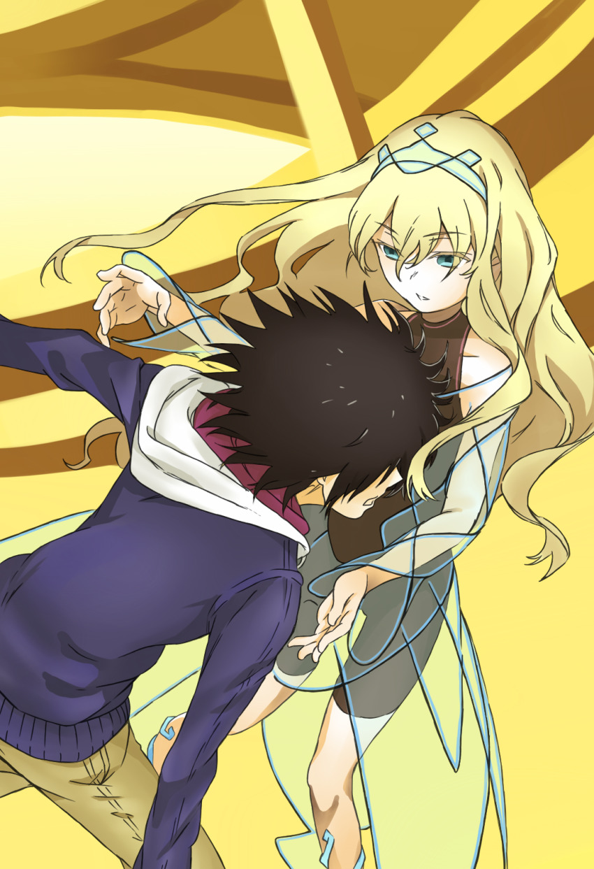 1boy 1girl black_hair blonde_hair blue_hoodie blue_jacket brown_pants cendrillon_(toaru_majutsu_no_index) colorized dress falling glass_slipper green_eyes green_hairband haimura_kiyotaka hairband highres hood hoodie jacket kamijou_touma long_hair novel_illustration official_art pants see-through_clothes see-through_dress see-through_hair_ornament short_hair skin_tight skinsuit toaru_majutsu_no_index toaru_majutsu_no_index:_new_testament yellow_background