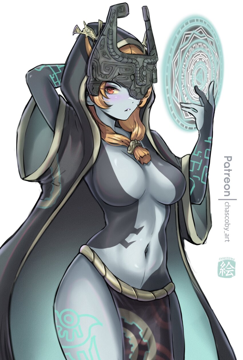 1girl 2024 absurdres alternate_breast_size arm_behind_head arm_tattoo arm_up artist_name backlighting black_skin blue_skin blush breasts broken_mask chascoby cleavage colored_sclera colored_skin commentary cowboy_shot english_commentary eyeshadow front_ponytail glowing_tattoo grey_skin helmet highres hood hood_up huge_breasts leg_tattoo long_hair looking_at_viewer magic_circle makeup mask midna midna_(true) midriff multicolored_skin nail_polish navel nintendo one_eye_covered orange_hair parted_lips purple_eyeshadow red_eyes side_slit simple_background solo standing tattoo the_legend_of_zelda the_legend_of_zelda:_twilight_princess thighs two-tone_skin white_background yellow_sclera