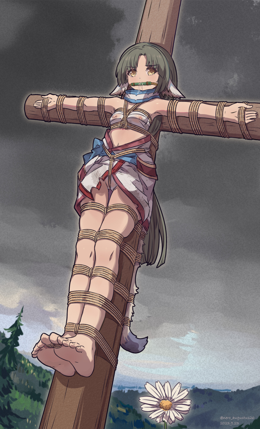 1girl absurdres ainu_clothes angry animal_ears artist_name bare_legs barefoot bdsm bit_gag bondage bound bound_toes chest_sarashi clothes_lift cloud cloudy_sky covered_erect_nipples crotch_rope crucifixion eruruu flower forest gag green_hair highres long_hair looking_at_viewer nature nero_augustus panties saliva sarashi see-through_clothes shibari sidelocks sky soles tail underwear utawarerumono yellow_eyes