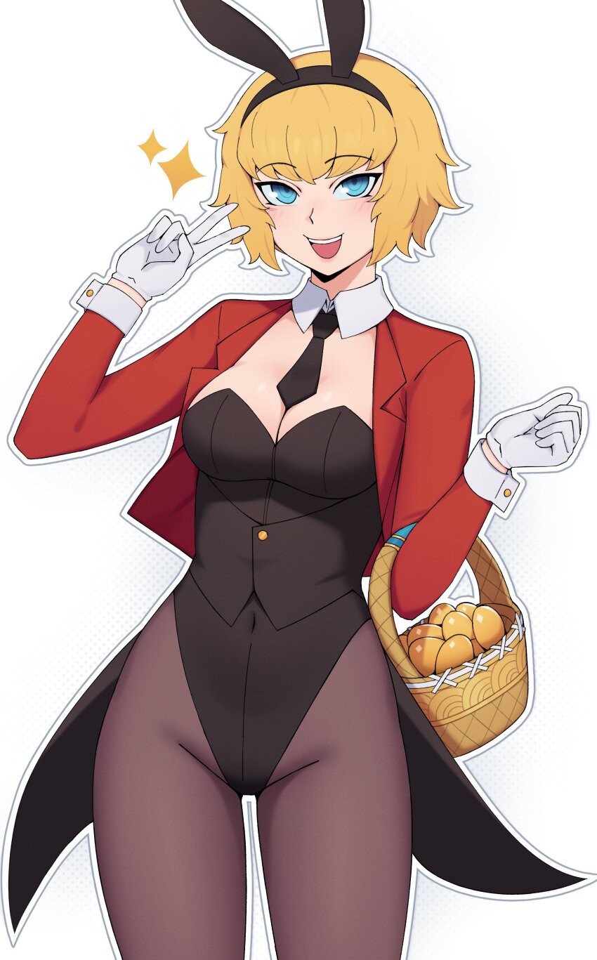 1girl absurdres animal_ears aqua_eyes basket black_necktie blonde_hair breasts demon_(megami_tensei) easter edmonmondo egg eyelashes gloves golden_egg highres idunn_(megami_tensei) jacket leotard looking_at_viewer medium_breasts necktie open_clothes open_jacket pantyhose playboy_bunny rabbit_ears red_jacket shin_megami_tensei shin_megami_tensei_v shin_megami_tensei_v:_vengeance short_hair simple_background smile solo sparkle v white_background