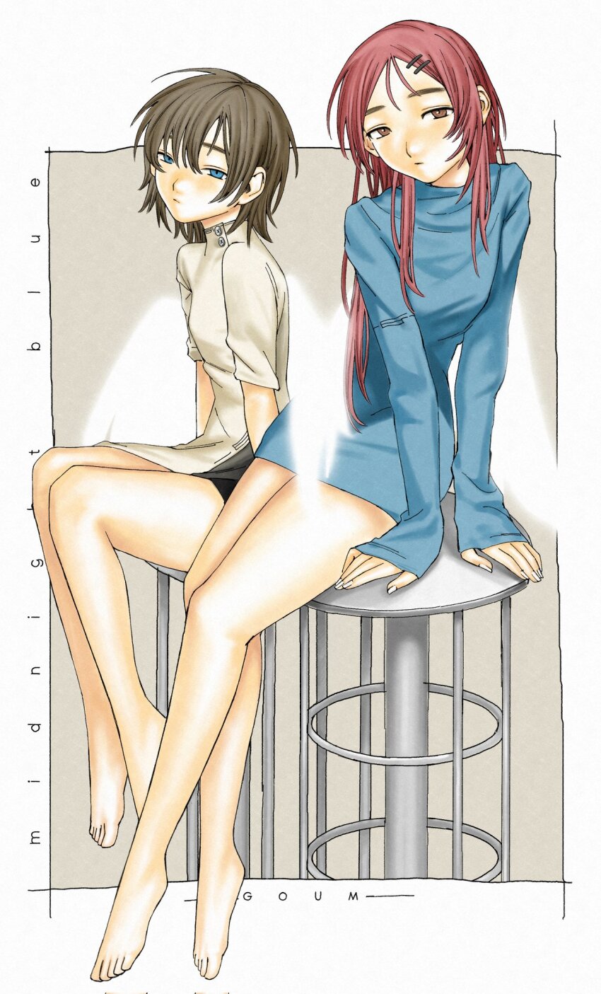 2girls barefoot blue_dress blue_eyes breasts brown_eyes brown_hair dress expressionless full_body highres kennomou long_hair looking_at_viewer looking_to_the_side low_wings multiple_girls original pink_hair short_hair sitting small_breasts sweater sweater_dress white_wings wings