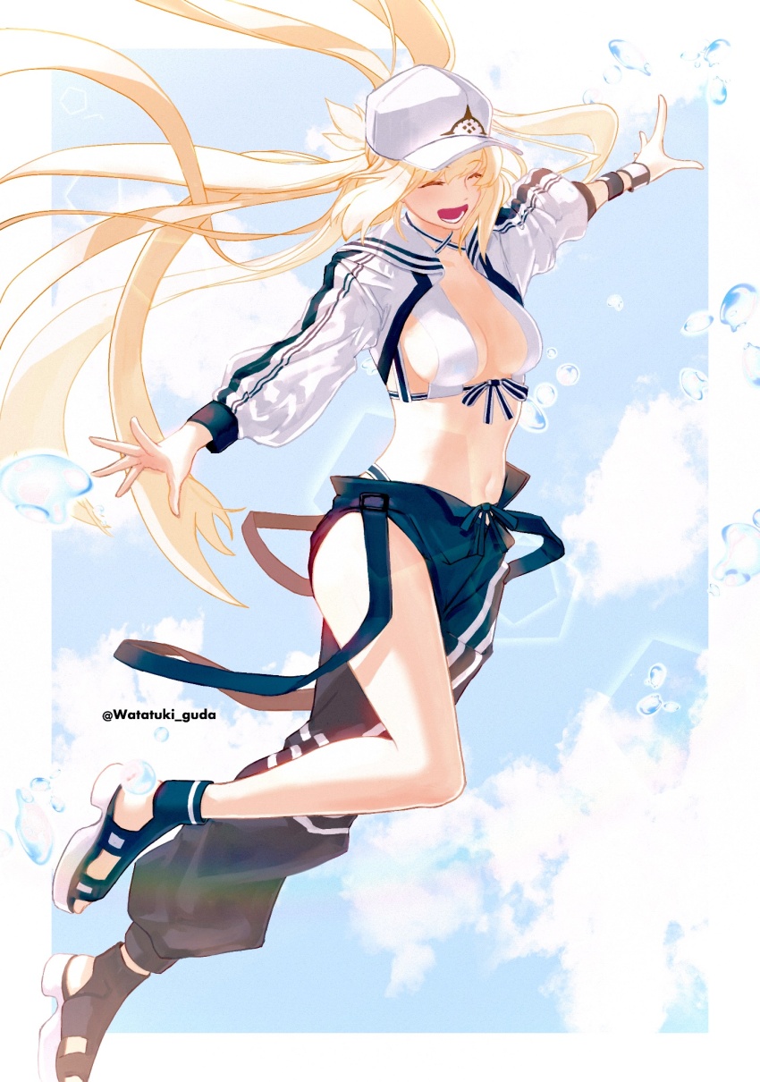 1girl artoria_caster_(fate) artoria_caster_(swimsuit)_(fate) artoria_caster_(swimsuit)_(first_ascension)_(fate) artoria_caster_(swimsuit_berserker)_(fate) artoria_caster_(swimsuit_berserker)_(first_ascension)_(fate) artoria_pendragon_(fate) bare_legs bikini black_pants blonde_hair blue_sky bracelet closed_mouth cloud cloudy_sky fate/grand_order fate_(series) highres jacket jewelry long_hair ornament pants ribbon sky smile swimsuit teeth twintails watatuki_guda water white_bikini white_headwear white_jacket
