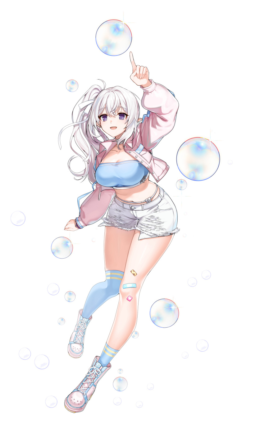 1girl absurdres arm_up blue_shirt blue_socks blue_thighhighs boots breasts choker closers crop_top exposed_pocket full_body highres index_finger_raised jacket large_breasts levia_(closers) long_hair long_sleeves looking_at_viewer midriff navel official_art open_clothes open_jacket open_mouth pink_boots pink_jacket pointy_ears purple_eyes shirt short_shorts shorts side_ponytail single_sock single_thighhigh smile socks solo thighhighs thighs torn_clothes torn_shorts white_choker white_hair white_shorts