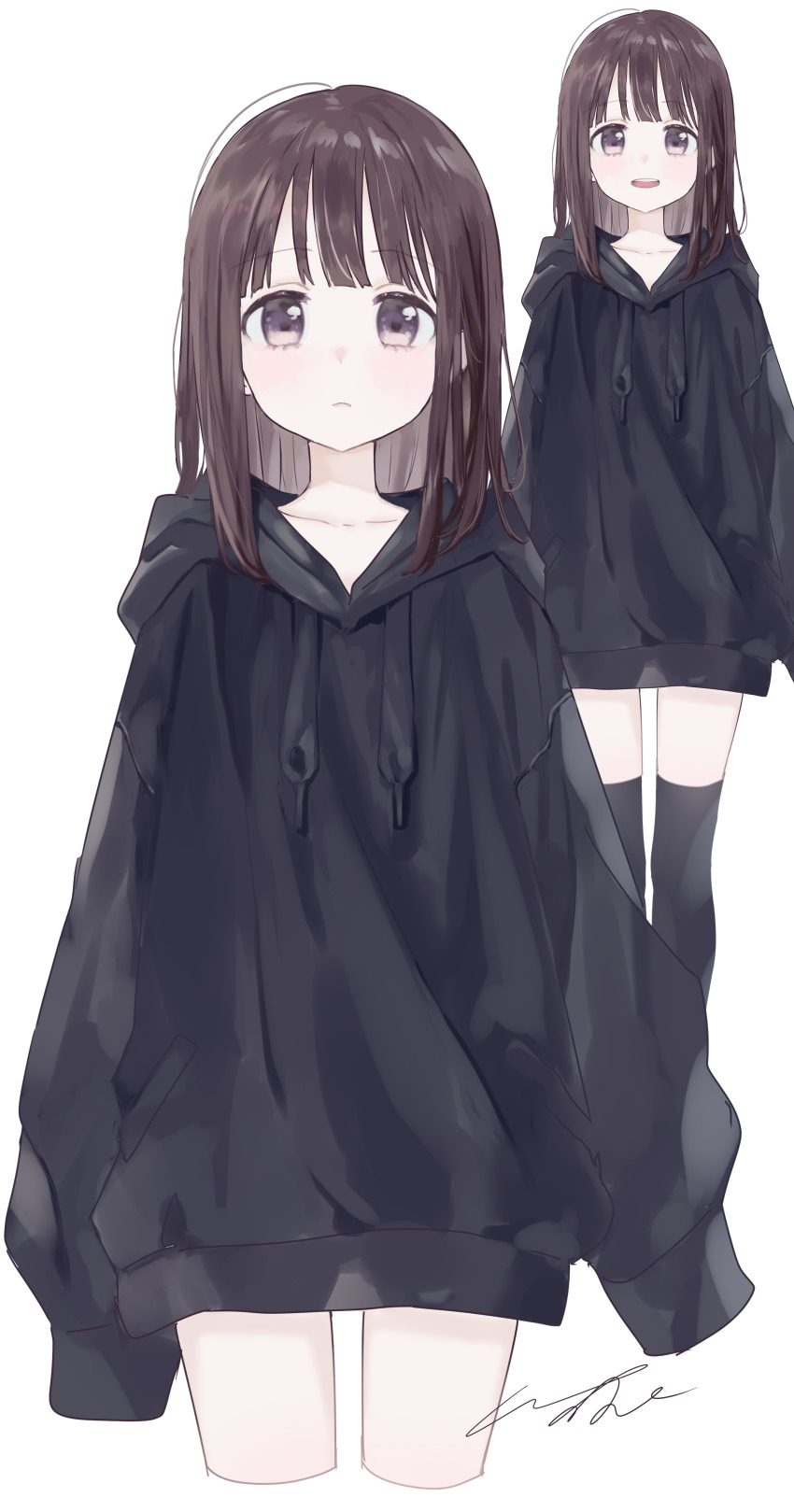 1girl absurdres black_hoodie black_thighhighs collarbone cowboy_shot cropped_legs highres hood hoodie light_frown multiple_views nanase_kurumi_(menhera-chan) no_pants open_mouth original oversized_clothes pomu_(joynet) purple_eyes signature simple_background smile teeth thighhighs upper_teeth_only white_background