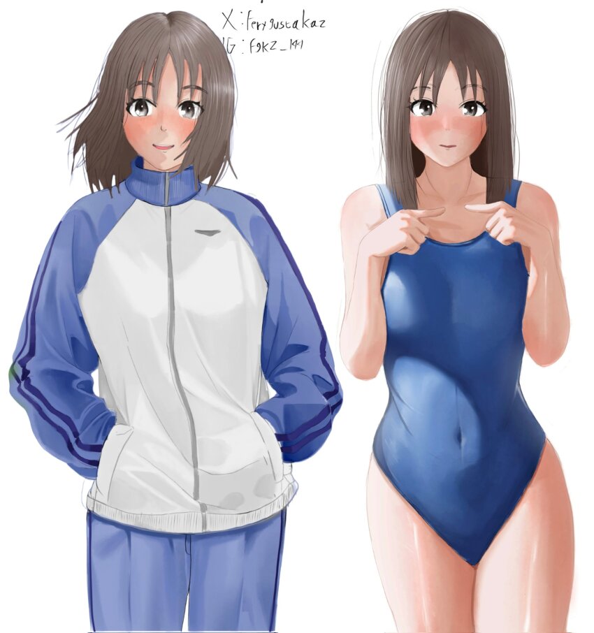 2girls artist_name azumanga_daiou black_eyes blue_jacket blue_pants brown_hair ferygustakaz hands_in_pockets highres instagram_username jacket kasuga_ayumu long_hair multiple_girls one-piece_swimsuit pants simple_background smile swimsuit track_jacket track_pants track_suit twitter_username yotsubato!