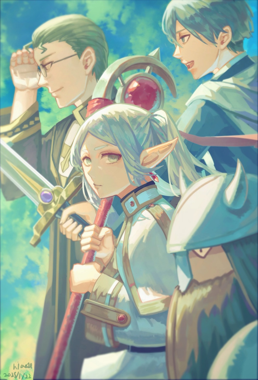 1girl 3boys absurdres beard blue_eyes blue_hair brown_hair capelet closed_mouth commentary dated dress dwarf earrings eisen_(sousou_no_frieren) elf facial_hair fake_horns frieren from_side glasses green_eyes green_hair grey_hair heiter helmet highres himmel_(sousou_no_frieren) holding holding_staff holding_sword holding_weapon horned_helmet horns jewelry long_beard long_hair long_sleeves looking_at_viewer mage_staff multiple_boys niao_de open_mouth parted_bangs pointy_ears profile short_hair signature sousou_no_frieren staff sword teardrop_earrings twintails upper_body very_long_ears weapon white_capelet white_hair