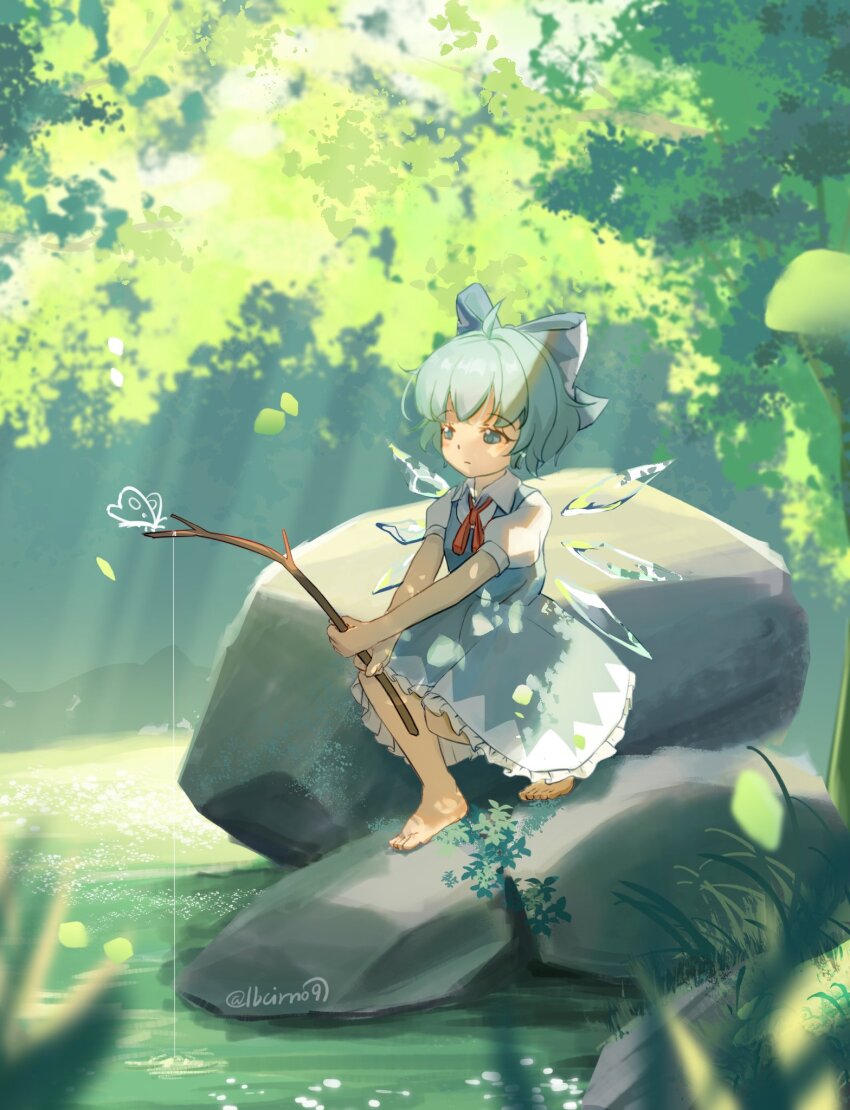 1girl ahoge barefoot blue_bow blue_dress blue_eyes blue_hair bow cirno collared_dress dress fishing fishing_rod hair_bow highres holding holding_fishing_rod lbcirno9 neck_ribbon on_rock outdoors pond puffy_short_sleeves puffy_sleeves red_ribbon ribbon short_hair short_sleeves sitting solo touhou tree