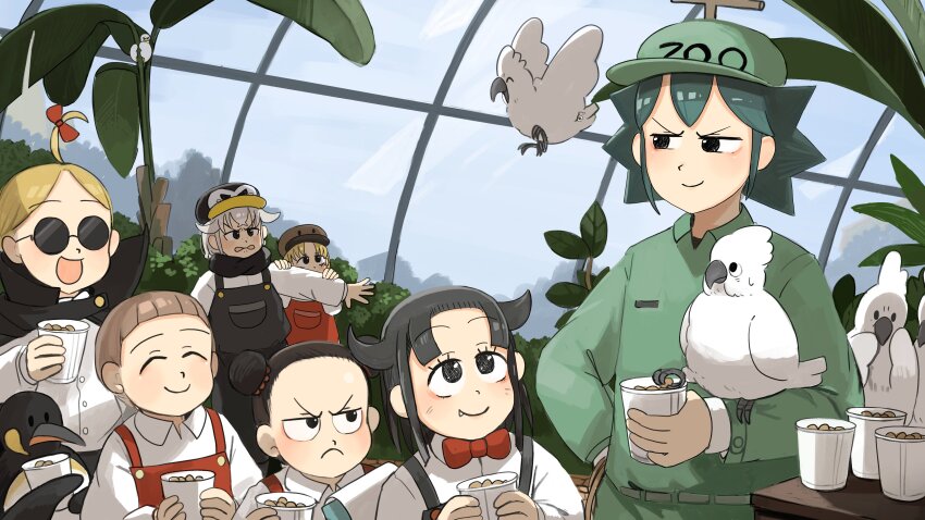 6+girls :d absurdres ahoge aqua_hair aqua_hat aqua_headwear aqua_shirt bird black_hair black_overalls blonde_hair brown_hair cockatoo commentary cup diva_(hyxpk) donut_stamp double_bun duck english_commentary fang frown grey_hair hair_bun hat highres kangaroo_keeper_(diva) king_penguin multiple_girls open_mouth overalls parrot_keeper_(diva) penguin penguin_fan_(diva) penguin_hat penguin_keeper_(diva) red_overalls round_eyewear shirt short_hair slice_of_life smile sunglasses survey_girl_(diva) white_shirt zoo zookeeper zookeepers_(diva)