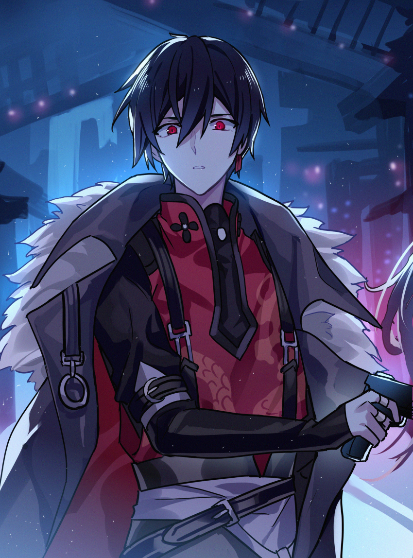 1boy absurdres ayn_alwyn ayn_alwyn_(awakening) belt black_belt black_coat black_hair black_shirt blurry bokeh city coat coat_on_shoulders commentary depth_of_field dragon_print earrings fur-trimmed_coat fur_trim glaring gun hair_between_eyes handgun highres holding holding_gun holding_weapon jewelry kazenemuri light_particles long_sleeves lovebrush_chronicles male_focus night parted_lips red_eyes red_vest ring shirt short_hair single_earring sleeves_past_wrists solo suspenders upper_body vest weapon