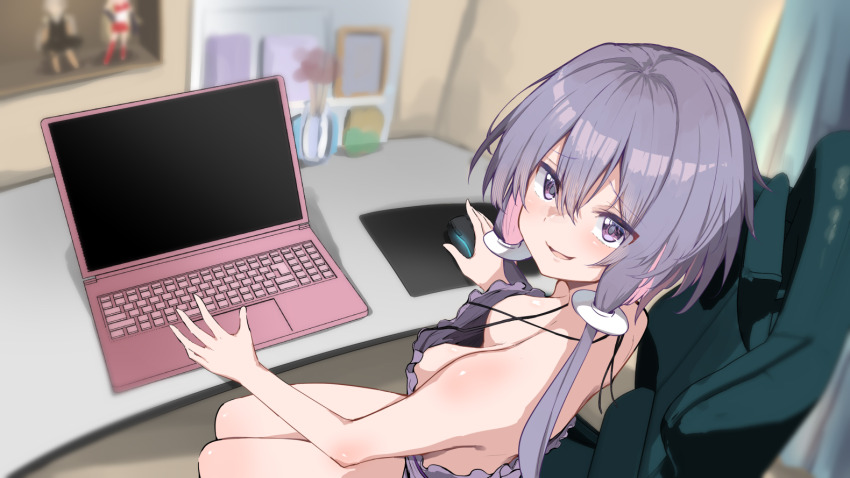 1girl :d blush breasts chair chipa_(arutana) commentary_request computer desk downblouse dress figure gaming_chair hair_ornament holding_computer_mouse indoors laptop long_hair looking_at_viewer medium_breasts mousepad_(object) no_bra on_chair open_mouth purple_eyes purple_hair short_hair_with_long_locks sidelocks sitting smile solo swivel_chair voiceroid yuzuki_yukari