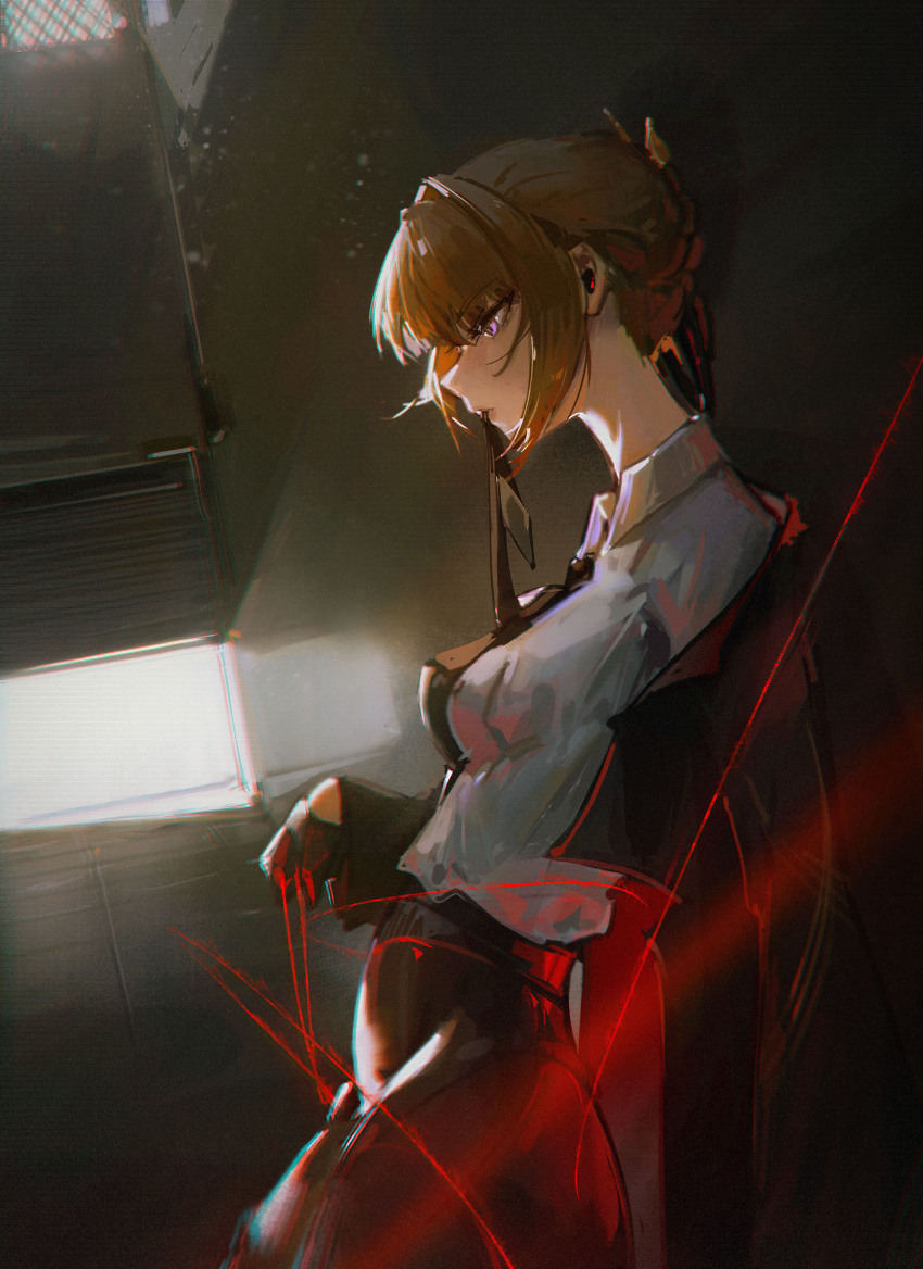 1girl absurdres black_pants blonde_hair collared_shirt dudrinm evelyn_chevalier hair_up highres latex_pants necktie pants purple_eyes ring_hair_ornament shirt solo tight_clothes tight_pants white_shirt zenless_zone_zero