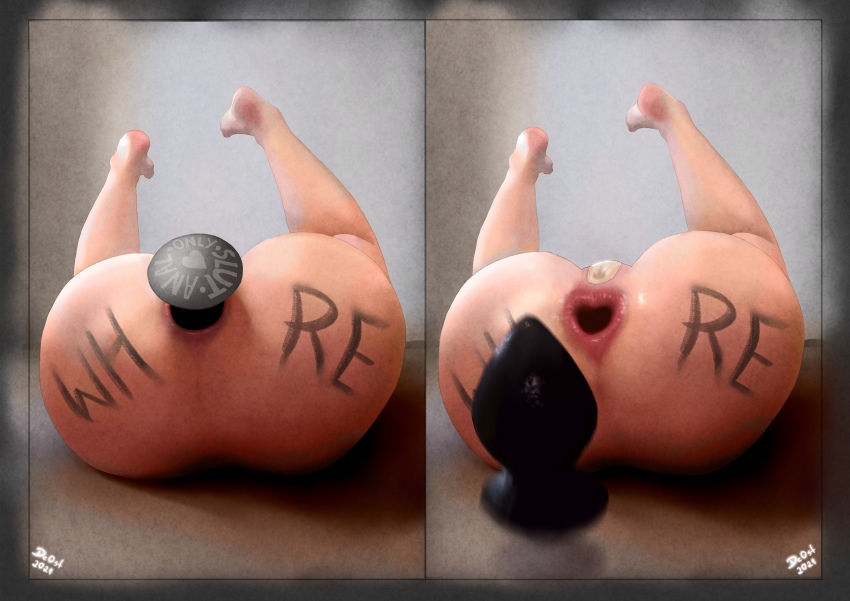 1girl absurdres anal anal_object_insertion anus ass ass_focus body_writing butt_plug dc0st feet feet_up gape gaped gaping gaping_anus heart-shaped_anus highres huge_ass large_buttplug large_insertion legs_apart legs_up maebari nude object_insertion sex_toy