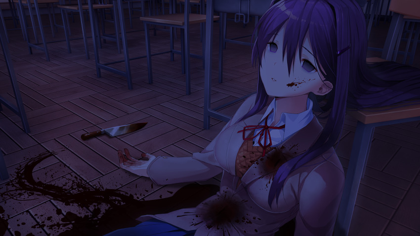 1girl arms_at_sides blazer blood blood_on_body blood_on_clothes blood_on_face blood_on_ground blood_on_hands blood_splatter blood_stain blood_trail bloody_knife blue_skirt breasts brown_jacket brown_sweater_vest button_gap buttons chair classroom collared_shirt corpse dark death decay desk doki_doki_literature_club doki_doki_literature_club_school_uniform dot_nose double-parted_bangs dress_shirt dried_blood empty_eyes eyebrows_hidden_by_hair fallen_down fingernails game_cg grey_jacket hair_between_eyes hair_intakes hair_ornament hairclip half-closed_eyes highres horror_(theme) impossible_clothes indoors injury jacket knife large_breasts leaning_back leaning_on_object light_smile long_eyelashes long_hair long_sidelocks long_sleeves neck_ribbon night non-web_source official_art on_floor open_hands pale_skin parted_lips pleated_skirt pool_of_blood purple_eyes purple_hair raised_inner_eyebrows red_ribbon ribbon satchely school school_desk school_uniform self-harm shirt sidelocks sitting skirt smile solo spoilers stab suicide sweater_vest teeth thick_eyelashes upper_body variant_set very_long_hair wing_collar wooden_chair wooden_desk wooden_floor yuri_(doki_doki_literature_club)