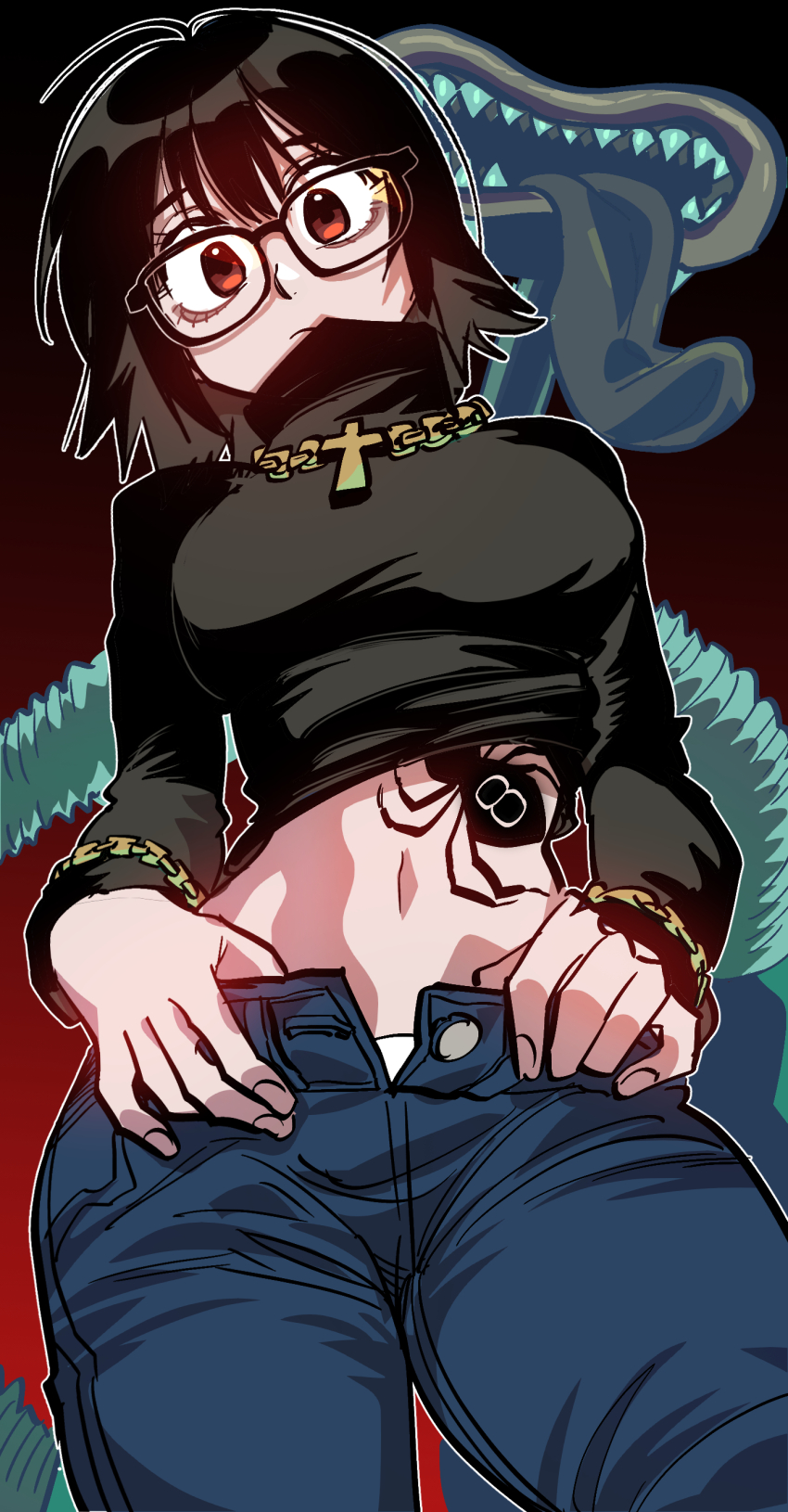 1girl absurdres black_sweater blinky_(hunter_x_hunter) blue_pants bracelet breasts chain chain_bracelet chain_necklace closed_mouth commentary cropped_sweater glasses gradient_background hair_between_eyes highres hunter_x_hunter jewelry long_sleeves margare medium_breasts midriff necklace panties pants red_eyes sharp_teeth shizuku_murasaki simple_background spider_tattoo stomach sweater symbol-only_commentary tattoo teeth turtleneck turtleneck_sweater underwear vacuum_cleaner
