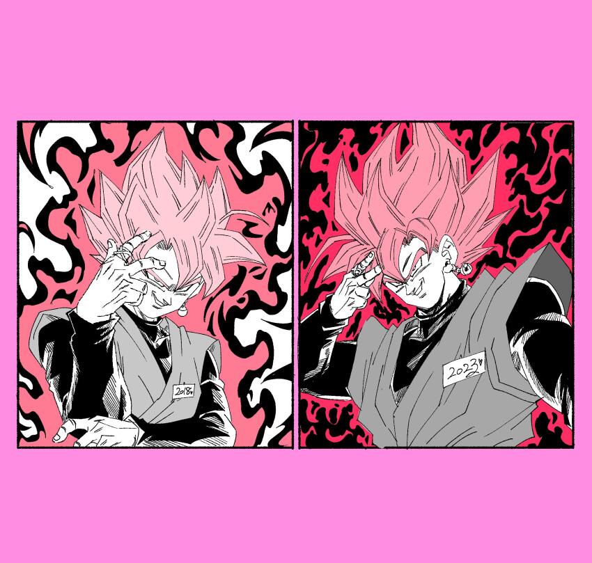 1boy aura dougi dragon_ball dragon_ball_super fenyon goku_black highres male_focus medium_hair partially_colored pink_background pink_hair shirt simple_background smirk spiked_hair tunic upper_body