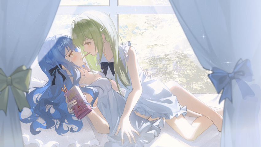 2girls absurdres bang_dream! bang_dream!_it&#039;s_mygo!!!!! black_bow black_bowtie blue_bow blue_hair bow bowtie braid breasts chinese_commentary cleavage commentary_request curtains dress eye_contact food green_bow green_hair hair_bow hair_ornament hairclip highres long_hair looking_at_another maoerduo_meow medium_breasts multiple_girls pocky pocky_kiss shared_food sidelocks sleeveless sleeveless_dress togawa_sakiko wakaba_mutsumi white_dress window yellow_eyes yuri