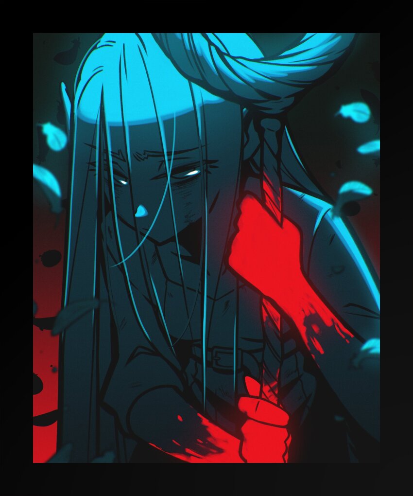 1girl belt blood blood_on_hands bloody_weapon blue_theme blurry border breasts bruise commentary depth_of_field dirty dirty_face dungeon_meshi elf english_commentary falling_feathers feathers furrowed_brow gradient_background hair_down hair_over_eyes hair_undone highres holding holding_staff injury loen long_hair long_sleeves looking_at_viewer marcille_donato multiple_monochrome pointy_ears robe small_breasts solo staff weapon
