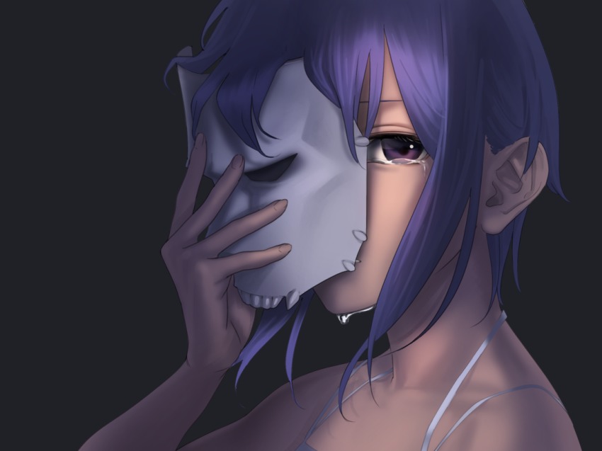 1girl amino_(tn7135) assassin assassin_(fate/zero) bad_id bad_pixiv_id black_background child_assassin_(fate/zero) dark-skinned_female dark_skin dripping eyelashes fate/prototype fate/prototype:_fragments_of_blue_and_silver fate/zero fate_(series) female_focus hassan_of_serenity_(fate) holding holding_mask looking_at_viewer mask one_eye_covered portrait purple_eyes purple_hair shade simple_background skull_mask sleeveless solo tears touhou type-moon
