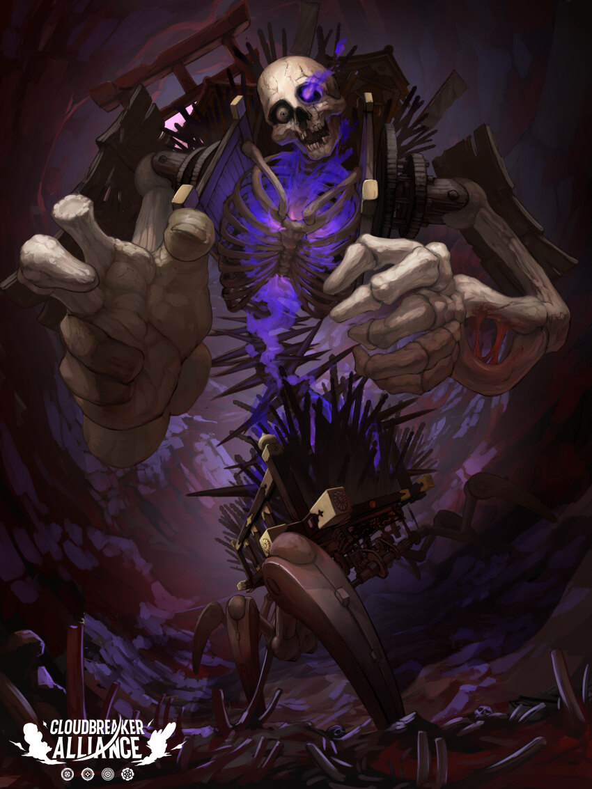 absurdres cloudbreaker_alliance eyeball foreshortening highres looking_at_viewer mechanical_legs monster official_art open_mouth reaching reaching_towards_viewer skeleton spikes tagme yumo80295386