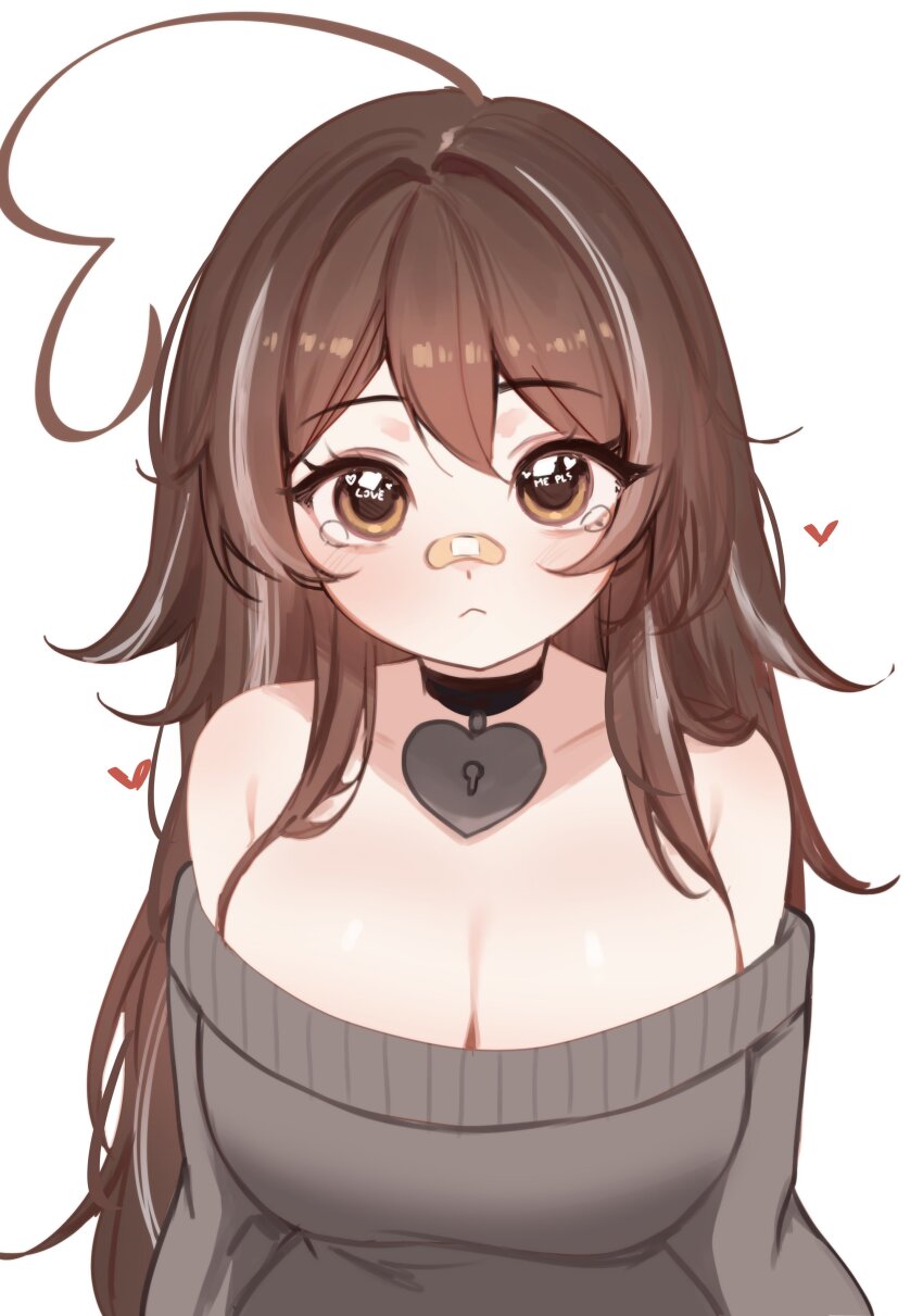 1girl :&lt; absurdres ahoge bandaid bandaid_on_face bandaid_on_nose bare_shoulders black_choker breasts brown_eyes brown_hair choker cleavage closed_mouth commentary double-parted_bangs english_commentary grey_sweater hair_over_breasts heart heart-shaped_lock heart_ahoge heart_choker heart_in_eye highres huge_ahoge indie_virtual_youtuber large_breasts light_blush long_hair long_sleeves looking_at_viewer multicolored_hair off-shoulder_sweater off_shoulder simple_background sky_above_me sky_above_me_(vtuber) solo straight-on streaked_hair sweater symbol_in_eye tearing_up text_in_eyes upper_body very_long_hair virtual_youtuber white_background white_streaks