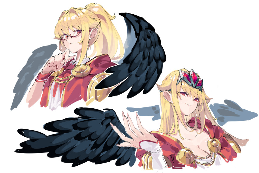 1girl absurdres angel black_wings blonde_hair breasts cape dress feathered_wings glasses high_ponytail highres long_fingers long_hair long_sleeves looking_at_viewer ponytail red-framed_eyewear red_cape ruphas_mafahl scarlet23i0 semi-rimless_eyewear sidelocks smile solo tiara under-rim_eyewear upper_body very_long_hair white_background white_dress wings yasei_no_last_boss_ga_arawareta