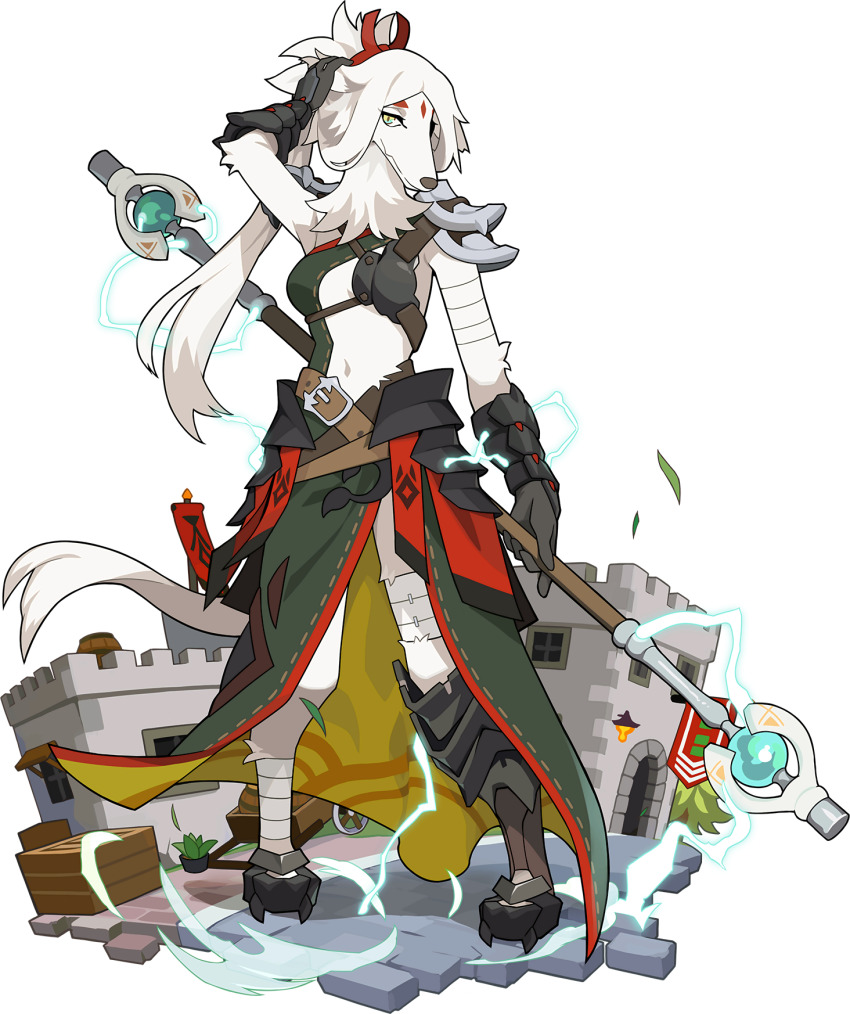 1girl adjusting_hair animal_ears animal_nose arm_at_side arm_up armor artist_request bandaged_arm bandaged_leg bandages barrel belt black_gloves black_shoes blue_eyes body_fur box breasts castle closed_mouth day dog_ears dog_girl dress electricity facial_mark faulds female_focus forehead_mark full_body furry furry_female gloves green_dress hair_ribbon half-closed_eyes helga_(world_flipper) highres holding holding_staff knee_pads lantern long_hair looking_at_viewer multicolored_eyes muneate navel non-web_source official_art outdoors plant ponytail potted_plant red_ribbon ribbon shoes shoulder_armor sidelocks single_knee_pad sleeveless sleeveless_dress small_breasts snout solo staff standing stomach transparent_background tree two-sided_dress two-sided_fabric vambraces wagon white_fur white_hair world_flipper yellow_eyes