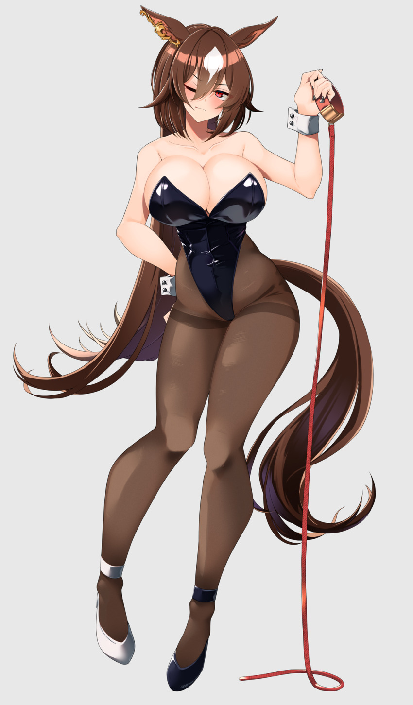 1girl animal_ears asymmetrical_footwear bare_shoulders black_footwear black_leotard black_pantyhose breasts brown_hair cleavage collar commentary_request ear_ornament full_body hair_between_eyes high_heels highres holding holding_collar horse_ears horse_girl horse_tail komb large_breasts leotard long_hair mismatched_footwear multicolored_hair nontraditional_playboy_bunny pantyhose red_eyes sirius_symboli_(umamusume) solo strapless strapless_leotard streaked_hair tail umamusume very_long_hair white_footwear white_hair wrist_cuffs