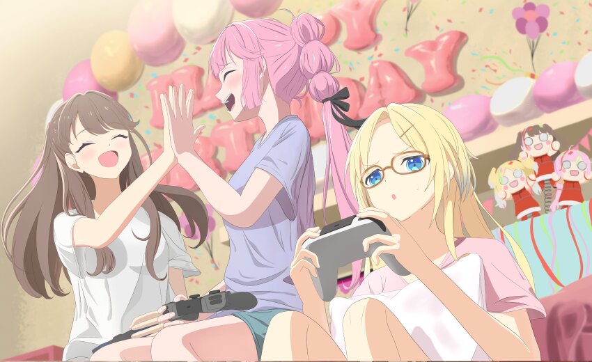 3girls :d :o ^_^ absurdres anyoji_hime birthday black_ribbon blonde_hair blue_eyes blue_hair blunt_bangs blush brown-framed_eyewear brown_hair character_doll closed_eyes commentary_request confetti controller corrupted_twitter_file do!_do!_do!_(love_live!) dualsense dutch_angle fujishima_megumi game_controller glasses gradient_hair green_shorts hair_down hair_ornament hair_ribbon hairclip happy_birthday high_five highres holding holding_controller holding_game_controller indoors jack-in-the-box light_blue_hair link!_like!_love_live! long_hair love_live! mira-cra_park! morio_(mmorio_mu) multi-tied_hair multicolored_hair multiple_girls o_o official_alternate_hairstyle open_mouth osawa_rurino osawa_rurino_(summer_loungewear) parted_bangs pillow pink_hair pink_shirt playstation_controller ponytail purple_skirt ribbon shirt short_sleeves shorts sidelocks skirt smile streamers swept_bangs t-shirt two_side_up v-shaped_eyebrows very_long_hair virtual_youtuber white_shirt