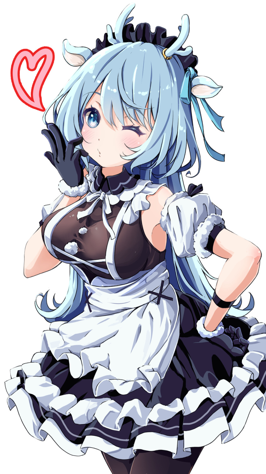 1girl animal_ears antler_ornament antlers apron arm_garter arm_strap black_gloves black_pantyhose blue_eyes blue_hair blue_ribbon blush breasts chibimame deer_ears dress frilled_dress frills fur-trimmed_gloves fur_trim gloves hair_ribbon hakushika_iori heart highres horns large_breasts long_hair maid maid_headdress neck_ribbon one_eye_closed pantyhose phase_connect pom_pom_(clothes) ribbon sleeveless sleeveless_dress solo virtual_youtuber waist_apron white_apron white_ribbon