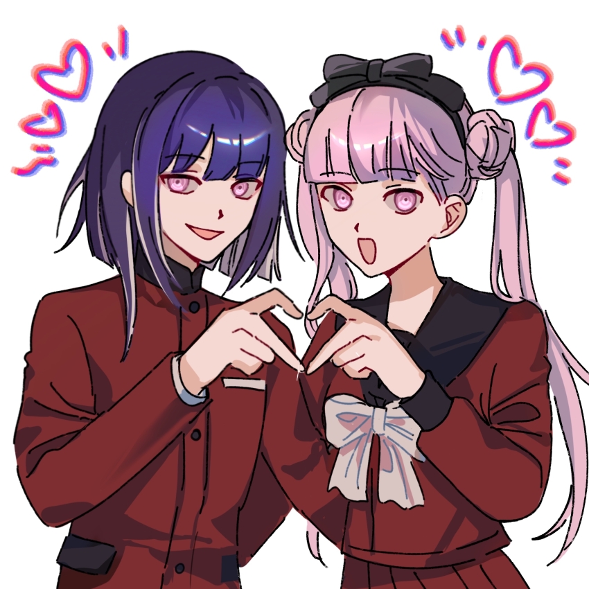 1boy 1girl :d black_bow black_hairband black_sailor_collar bow bow_hairband bowtie brother_and_sister colored_skin double_bun four-finger_heart_hands gakuran hair_bun hairband heart heart_hands heart_hands_duo highres jacket kaomogudezjiang long_hair looking_at_viewer open_mouth pink_eyes pink_hair pleated_skirt purple_hair red_jacket red_serafuku red_shirt red_skirt sailor_collar school_uniform serafuku shirt short_hair siblings skirt smile the_hundred_line_-last_defense_academy- tsukumo_ima tsukumo_kako twins twintails white_bow white_bowtie