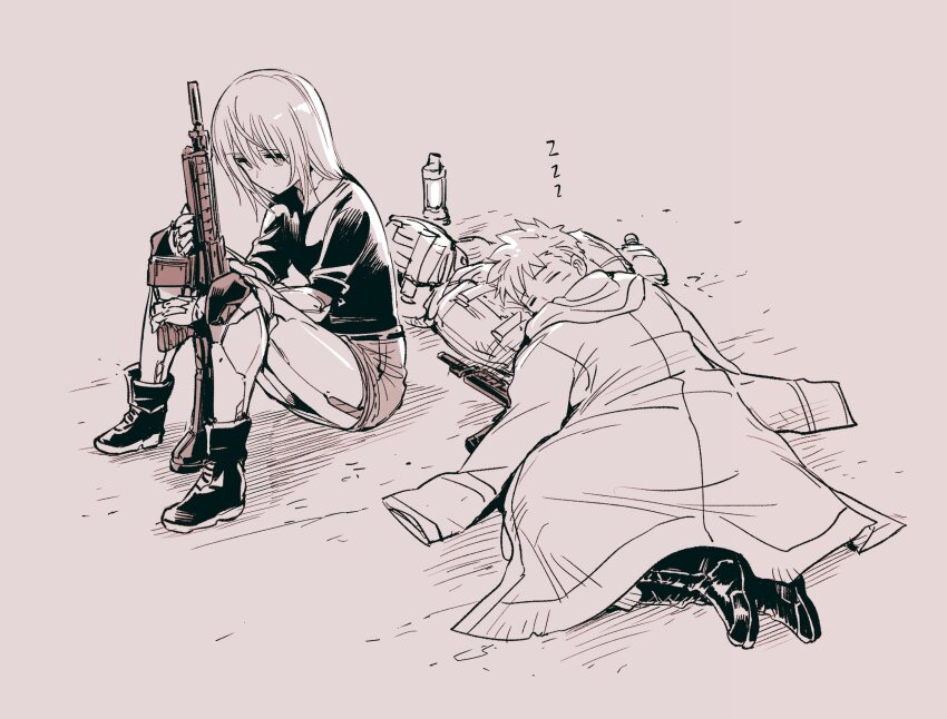 1boy 1girl android bag blau_(mechanical_buddy_universe) boots coat gun hair_between_eyes highres joints kato_takuji lace-up_boots long_sleeves mechanical_buddy_universe monochrome mother_and_son multiple_boys overcoat rainy_(mechanical_buddy_universe) robot_joints scar scar_on_face science_fiction short_hair sleeping tactical_clothes unworn_bag unworn_coat weapon