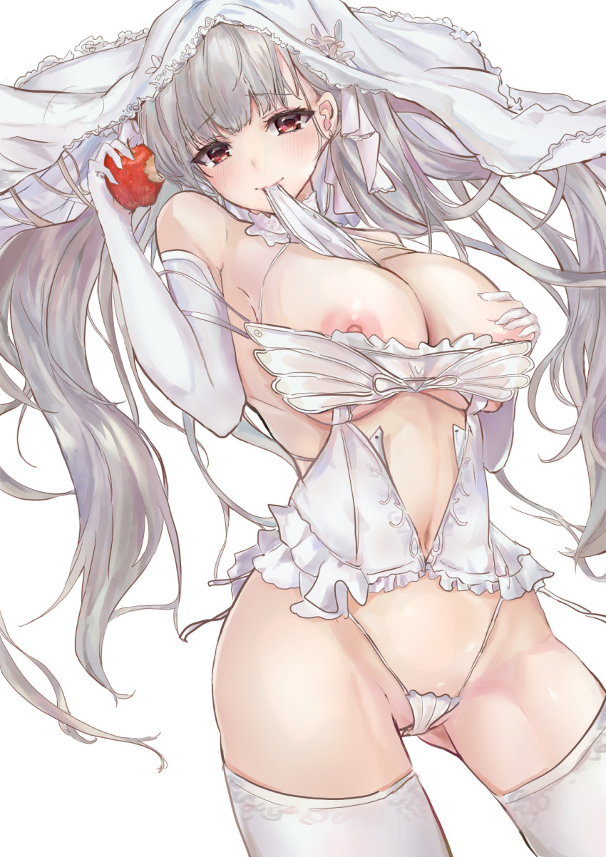 1girl ahshi_(yingchuan_songshu) alternate_costume apple azur_lane breasts elbow_gloves food food_bite formidable_(azur_lane) fruit gloves hand_on_own_chest highres holding holding_food holding_fruit huge_breasts nipple_slip nipples panties simple_background solo thighhighs underwear veil white_background white_panties white_thighhighs