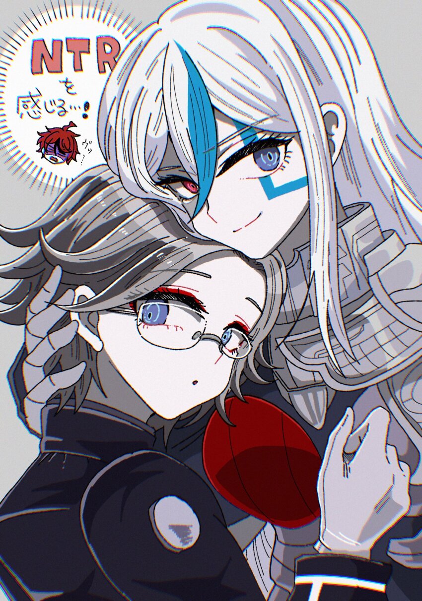 1girl 2boys :o ahoge aotsuki_eito armor blue_streaks eyeliner facial_mark gakuran glasses gloves grey_background grey_hair hand_on_another&#039;s_head hetero heterochromia highres last_defense_academy_school_uniform long_hair looking_at_viewer makeup multicolored_hair multiple_boys netorare purple_eyes red_eyeliner red_eyes red_hair school_uniform short_hair simple_background smile streaked_hair sumino_takumi the_hundred_line_-last_defense_academy- v&#039;ehxness white_gloves white_hair yoka