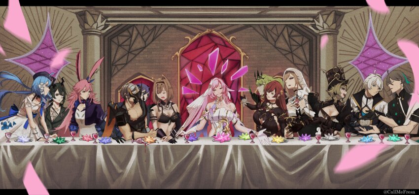 4boys 6+girls ahoge alcohol animal_ears aponia bare_shoulders beret bikini bikini_top_only black_bikini black_coat black_dress black_gloves black_jacket black_shirt blue_eyes blue_hair breasts brown_dress brown_gloves brown_hair brown_jacket callmefresa can_(honkai_impact) cat_ears cat_girl cat_tail chalice cleavage cleavage_cutout closed_mouth clothing_cutout coat crown crystal cup dress eden_(honkai_impact) elf elysia_(herrscher_of_human:_ego)_(honkai_impact) elysia_(honkai_impact) fine_art_parody flat_chest fox_ears fu_hua fu_hua_(shadow_knight) gem gloves green_eyes green_hair griseo griseo_(starry_impression) hair_ornament hat headphones headphones_around_neck highres honkai_(series) honkai_impact_3rd indoors jacket kalpas_(honkai_impact) kevin_kaslana kosma large_breasts long_hair mask medium_breasts mobius_(honkai_impact) multiple_boys multiple_girls nun one_eye_closed open_mouth orange_eyes outstretched_arms pardofelis parody petals pink_hair pointy_ears yae_sakura_(goushinnso_memento) shirt short_hair su_(honkai_impact) swimsuit table tail the_last_supper top_hat torn_clothes torn_shirt veil vill-v wavy_hair white_dress white_gloves white_hair white_shirt wine yae_sakura yae_sakura_(goushinnso_memento)