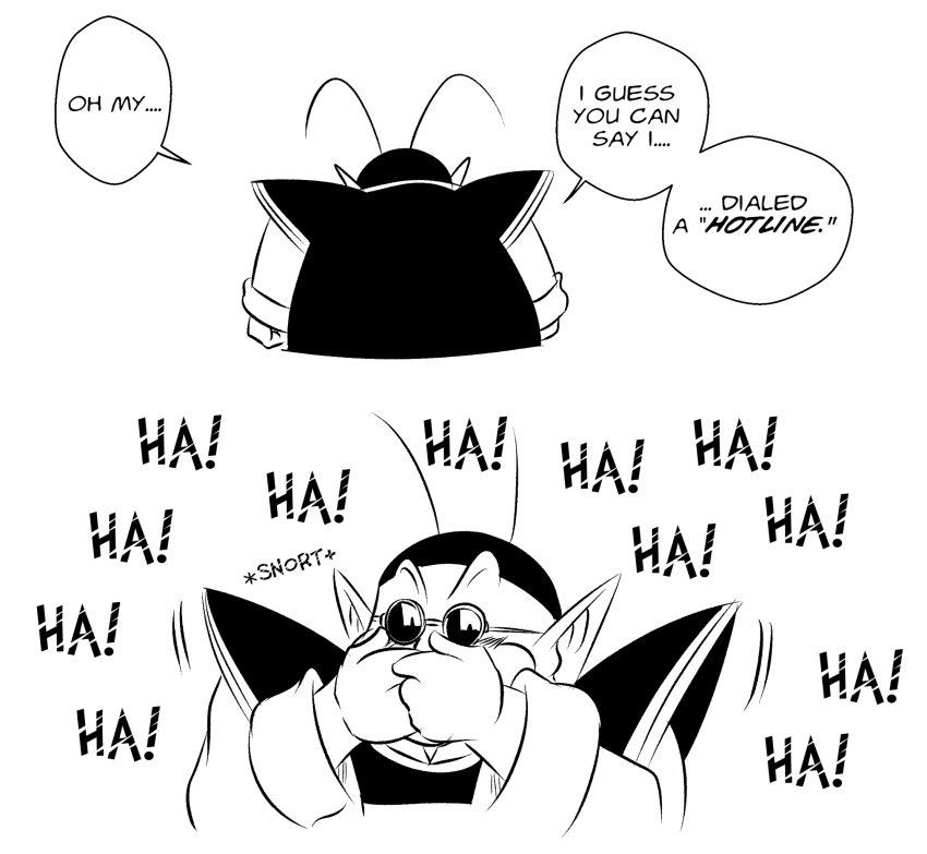 1boy antennae comic commentary covering_own_mouth dragon_ball dragonball_z english_commentary english_text funsexydb highres male_focus monochrome north_kaiou pointy_ears pun solo sunglasses