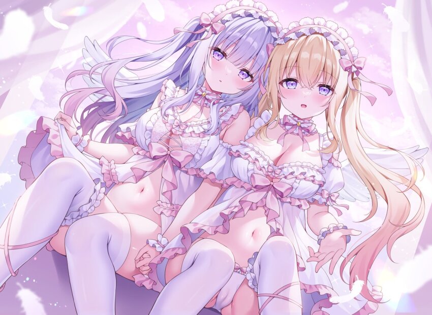 2girls blonde_hair blush bow bowtie bra breasts cameltoe cleavage commentary_request detached_sleeves falling_feathers feathers feet_out_of_frame frilled_bra frilled_hairband frilled_wrist_cuffs frills hair_between_eyes hairband holding_hands large_breasts long_hair looking_at_viewer multicolored_hair multiple_girls navel open_mouth original outstretched_arm panties pink_bow pink_bowtie pink_hair pink_hairband puffy_short_sleeves puffy_sleeves purple_eyes purple_hair shiono_(0303) short_sleeves sitting thighhighs twintails underwear very_long_hair white_bra white_panties white_sleeves white_thighhighs white_wings white_wrist_cuffs wings wrist_cuffs