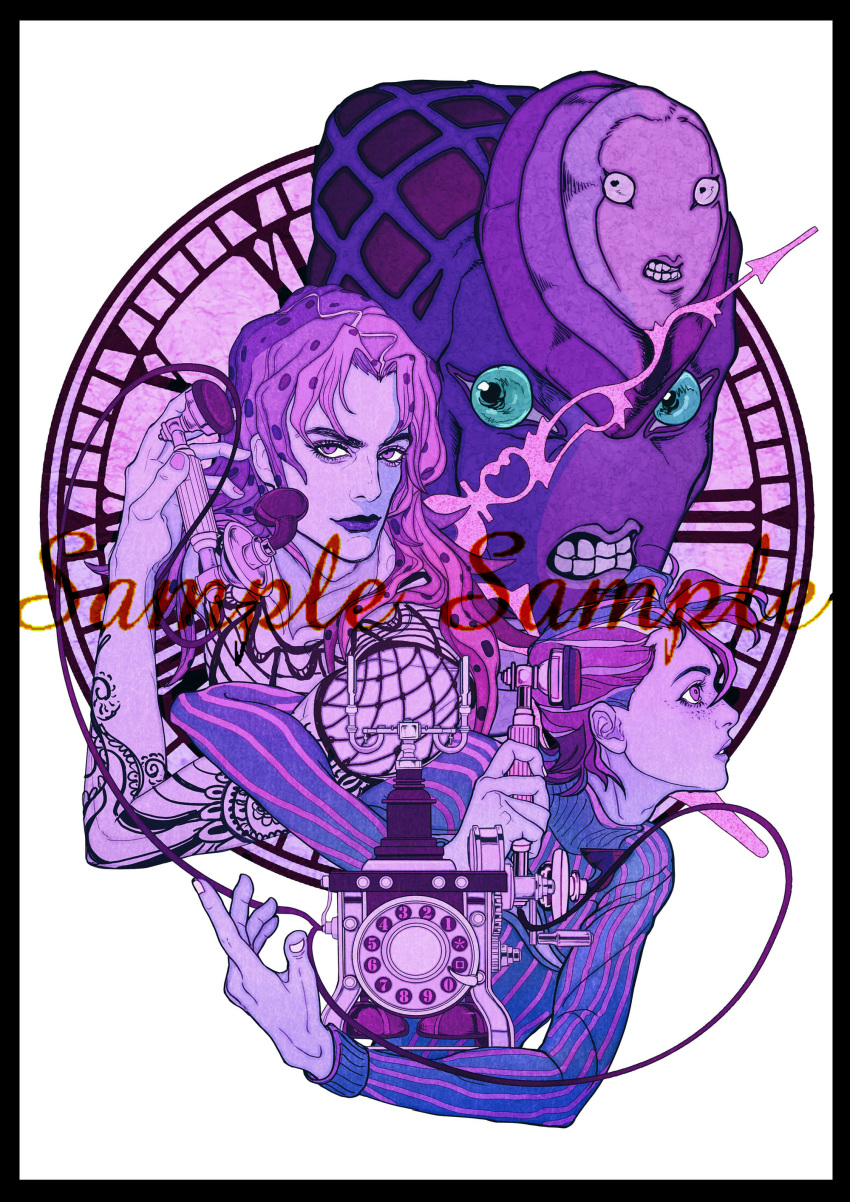 1other 2boys absurdres antique_phone arm_tattoo diavolo english_text epitaph_(jojo) fishnet_top fishnets ginsky2000 green_eyes highres holding holding_phone jojo_no_kimyou_na_bouken king_crimson_(stand) long_hair long_sleeves multiple_boys phone pink_hair pink_nails polka_dot polka_dot_hair purple_eyes purple_lips purple_sweater purple_theme stand_(jojo) sweater tattoo teeth vento_aureo vinegar_doppio white_background