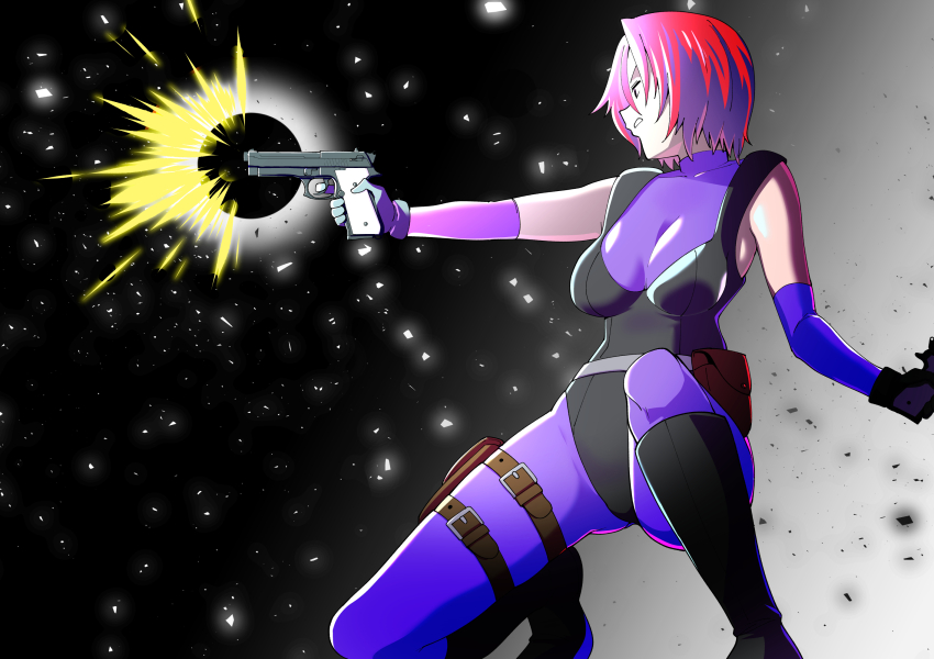 1girl black_gloves black_leotard bodysuit breasts dino_crisis elbow_gloves firing full_body gloves gun handgun highres holding holding_gun holding_weapon leotard red_hair regina_(dino_crisis) short_hair skin_tight solo toku_sonchou turtleneck weapon