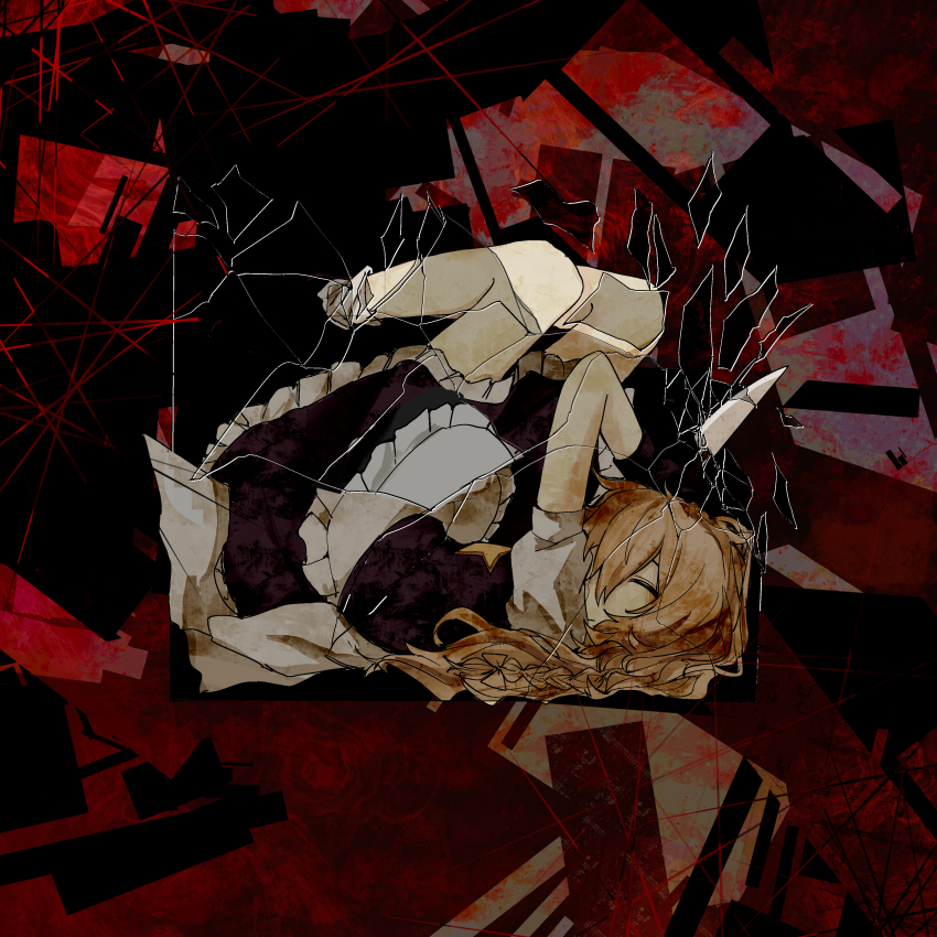 1girl absurdres apron black_skirt black_vest blonde_hair braid broken_glass closed_eyes closed_mouth commentary cookie_(touhou) english_commentary frilled_apron frilled_skirt frills glass highres holding holding_knife kirisame_marisa knife long_hair lying on_back puffy_short_sleeves puffy_sleeves red_background shirt short_sleeves side_braid single_braid sixsec6ndzlater skirt skirt_set smile socks solo star_(symbol) suzu_(cookie) touhou vest waist_apron white_apron white_shirt white_socks