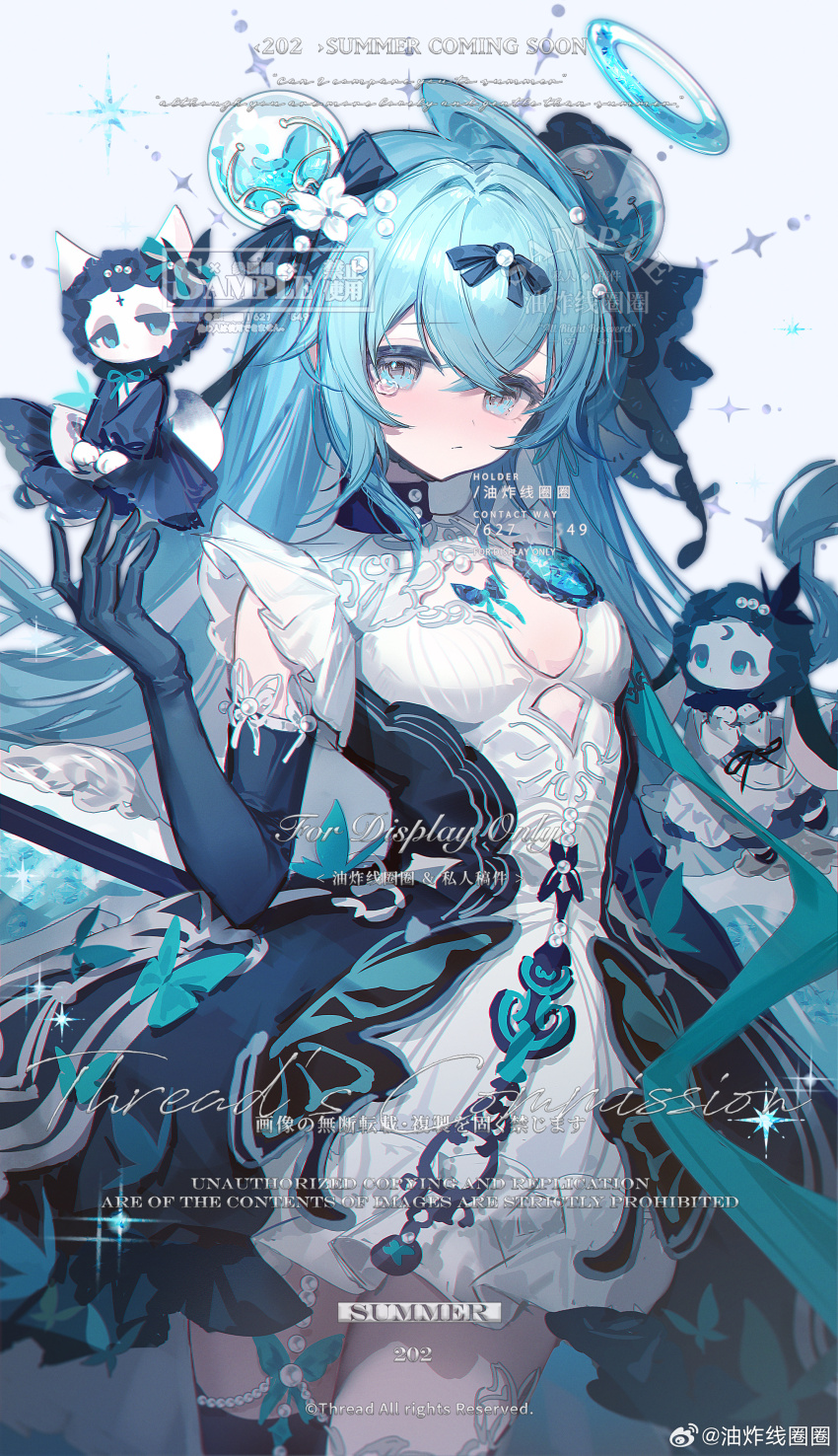 1girl absurdres black_gloves blue_eyes blue_gloves blue_hair blush bow breasts cleavage_cutout closed_mouth clothing_cutout dress elbow_gloves gloves hair_between_eyes hair_bow hair_ornament halo highres long_hair looking_at_viewer original small_breasts solo white_dress youzha_xian_quanquan