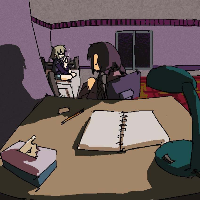 2girls bad_link blonde_hair braid brown_hair cigarette closed_eyes diary highres holding holding_cigarette lamp looking_at_another madotsuki multiple_girls on_bed pantsu-ripper pencil room sitting smoke smoking tissue_box twin_braids urotsuki window yume_2kki yume_nikki