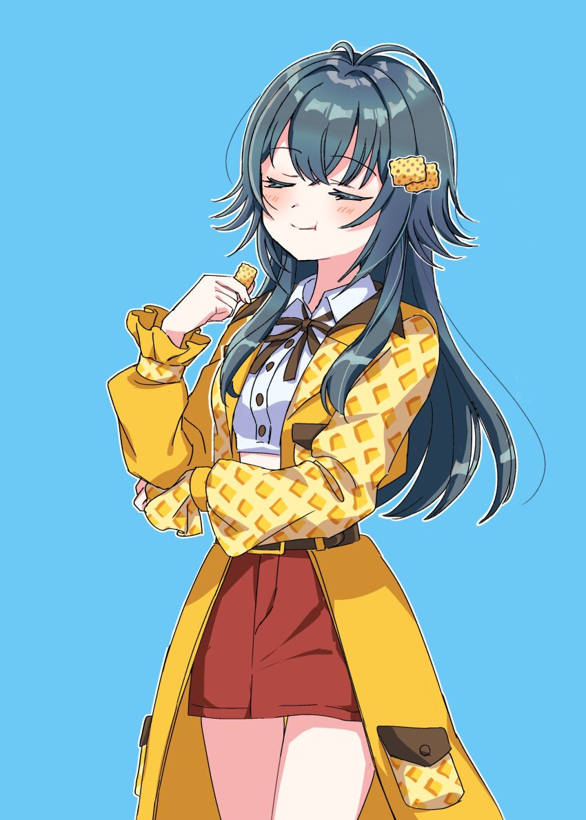 1girl absurdres antenna_hair belt blue_background closed_eyes coat commentary_request cropped_shirt eating gakuen_idolmaster green_hair hair_flaps highres idolmaster kanipoposu long_hair long_sleeves miniskirt neck_ribbon pencil_skirt red_skirt ribbon shirt skirt snack solo thighs tsukimura_temari white_shirt yellow_coat