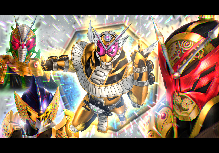 4boys antennae arm_blade armor back-to-back belt black_armor black_boots black_cape blue_sky bodysuit boots buckle cape clenched_hand clock_hands clockwork commentary_request compound_eyes cowboy_shot dark_background fins flying future gears gloves glowing glowing_eyes gold_trim helmet highres horns index_finger_raised kamen_rider kamen_rider_barlckxs kamen_rider_zamonas kamen_rider_zi-o kamen_rider_zi-o_(series) kamen_rider_zi-o_ouma kamen_rider_zi-o_the_movie:over_quartzer kamen_rider_zonjis katakana letterboxed loincloth looking_at_viewer male_focus mask multiple_boys official_alternate_costume ouma_zi-o_rider_watch pauldrons pink_eyes red_eyes rider_belt rider_watch ryukawa shoulder_armor single_horn sky solo sword tokusatsu trait_connection vambraces weapon yellow_eyes ziku_driver
