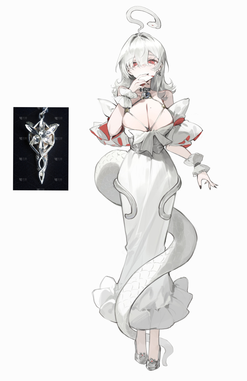 1girl absurdres arm_up bai_yao_(user_ygua7252) bare_shoulders black_nails blood blood_on_face breasts chinese_commentary cleavage commentary_request dress earrings fingernails frilled_wristband full_body hair_between_eyes highres huge_breasts jewelry long_dress long_fingernails long_hair looking_at_viewer mole mole_on_breast nail_polish original photo-referenced red_eyes shoes simple_background sleeveless sleeveless_dress snake snake_girl snake_tail solo standing tail white_background white_dress white_hair white_shoes