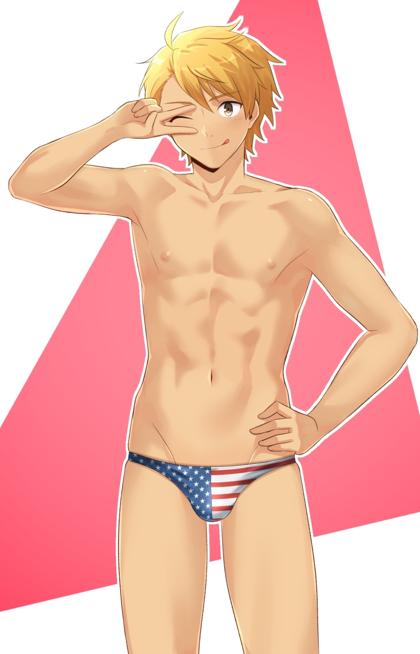 1boy ;p ahoge american_flag_male_swimwear blonde_hair blush brown_eyes bulge collarbone commentary_request cowboy_shot groin hand_on_own_hip hand_up highres idolmaster idolmaster_side-m licking_lips linea_alba looking_at_viewer maita_rui male_focus male_swimwear navel nipples one_eye_closed outside_border parted_bangs pectorals print_male_swimwear short_hair skindentation solo spiked_hair standing swim_briefs toned toned_male tongue tongue_out topless_male v v_over_eye variant_set yuya_hytk