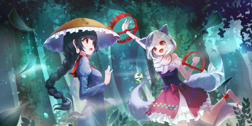 2girls animal_ears black_hair dog_ears dog_girl dress forest grey_dress highres mitsugashira_enoko multiple_girls nature second-party_source smile striped_hair tennensui_(midorinokaibutu4500) touhou touhou_lostword yatadera_narumi