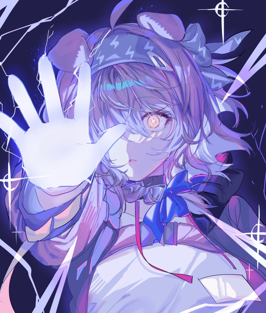 1girl 414_(hncx3355) animal_ears arknights blue_bow bow braid cat_ears cat_girl commentary_request dark_background electricity goldenglow_(arknights) grey_hairband grey_jacket hair_bow hairband highres id_card jacket korean_commentary lanyard lightning_bolt_print long_hair long_sleeves looking_at_viewer multicolored_jacket open_clothes open_jacket parted_lips pink_hair pink_jacket reaching reaching_towards_viewer shirt side_braid solo upper_body white_shirt yellow_eyes