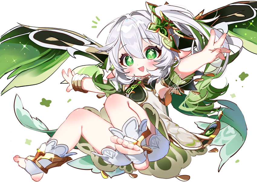 1girl absurdres bare_shoulders bloomers blush bracelet cape commentary_request detached_sleeves dress gem genshin_impact gold_trim gradient_hair green_cape green_eyes green_gemstone green_hair green_sleeves hair_between_eyes highres jewelry long_hair meda_cha multicolored_hair nahida_(genshin_impact) open_mouth outdoors side_ponytail signature simple_background sleeveless sleeveless_dress solo star-shaped_pupils star_(symbol) stirrup_legwear symbol-shaped_pupils toeless_legwear toes underwear white_background white_bloomers white_dress white_hair