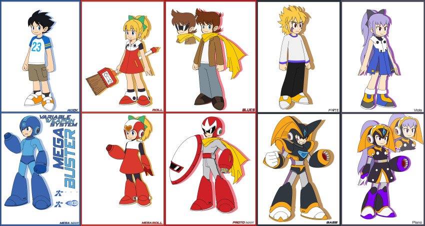11 4girls 6+boys absurdres arm_cannon armor bass_(mega_man) bass_guitar blonde_hair blue_eyes broom capcom english_text full_body helmet highres instrument keyboard_(instrument) mega_man_(character) mega_man_(classic) mega_man_(series) megaroll multiple_boys multiple_girls non-web_source piano ponytail proto_man red_skirt robot robot_girl roll_(mega_man) self-upload skirt standing style weapon