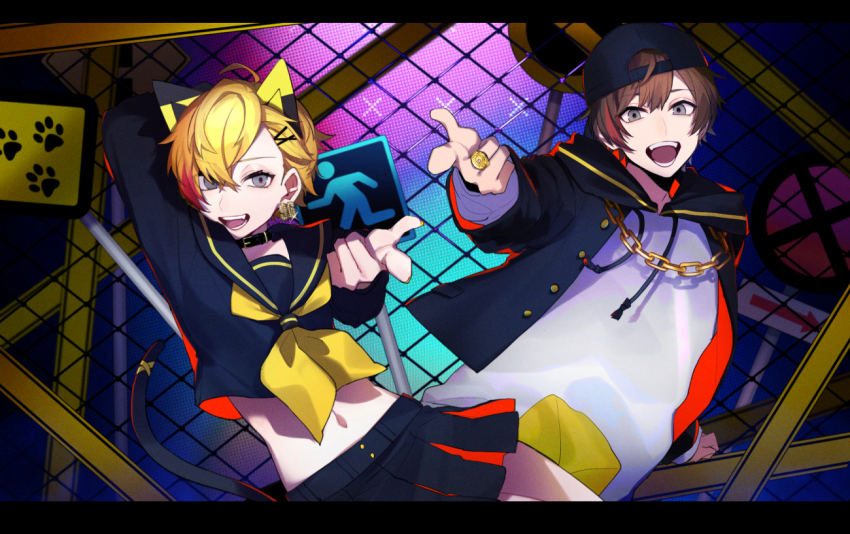 1boy 1girl 96neko :d amatsuki_(utaite) animal_ears arm_behind_head backwards_hat baseball_cap beckoning belt_collar black_collar black_hat black_jacket black_sailor_collar black_serafuku black_shirt black_skirt blonde_hair brown_hair cat_ears caution_tape chain chain-link_fence chain_necklace collar cowboy_shot cropped_shirt drawstring earrings fake_animal_ears fence grey_eyes hair_between_eyes hair_ornament hairclip hassan_(sink916) hat hood hood_down hooded_jacket indie_utaite jacket jewelry long_sleeves looking_at_viewer midriff miniskirt multicolored_hair neckerchief necklace no_entry_sign official_art open_clothes open_jacket open_mouth paw_print pleated_skirt red_hair rettou_joutou_(vocaloid) ring road_sign sailor_collar school_uniform serafuku shirt short_hair side_part sign skirt smile streaked_hair teeth two-sided_fabric two-sided_jacket two-sided_shirt upper_body utaite white_shirt yellow_neckerchief